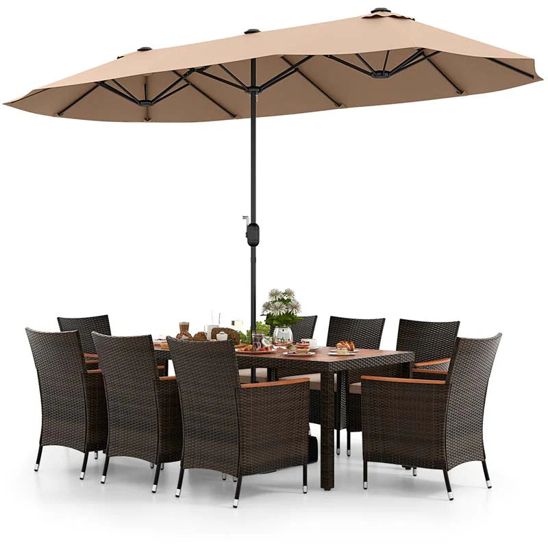 10-Piece Patio Rattan Dining Set with 15 ft Double-Sided Umbrella – Acacia Wood Table & Stackable Cushioned Wicker Chairs