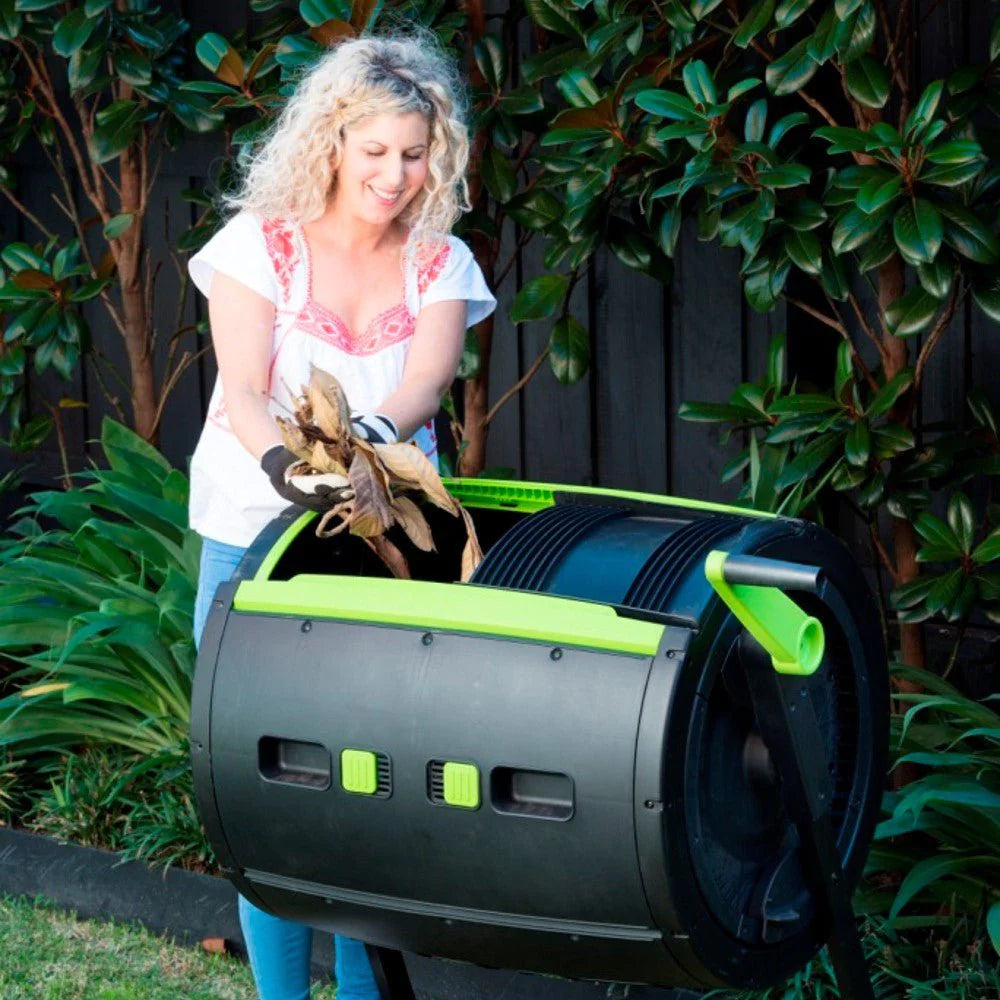 Maze 65-Gallon Compost Tumbler and Cart Combo - Dual Chamber Rotating Composter with 12-Gallon Wheeled Cart
