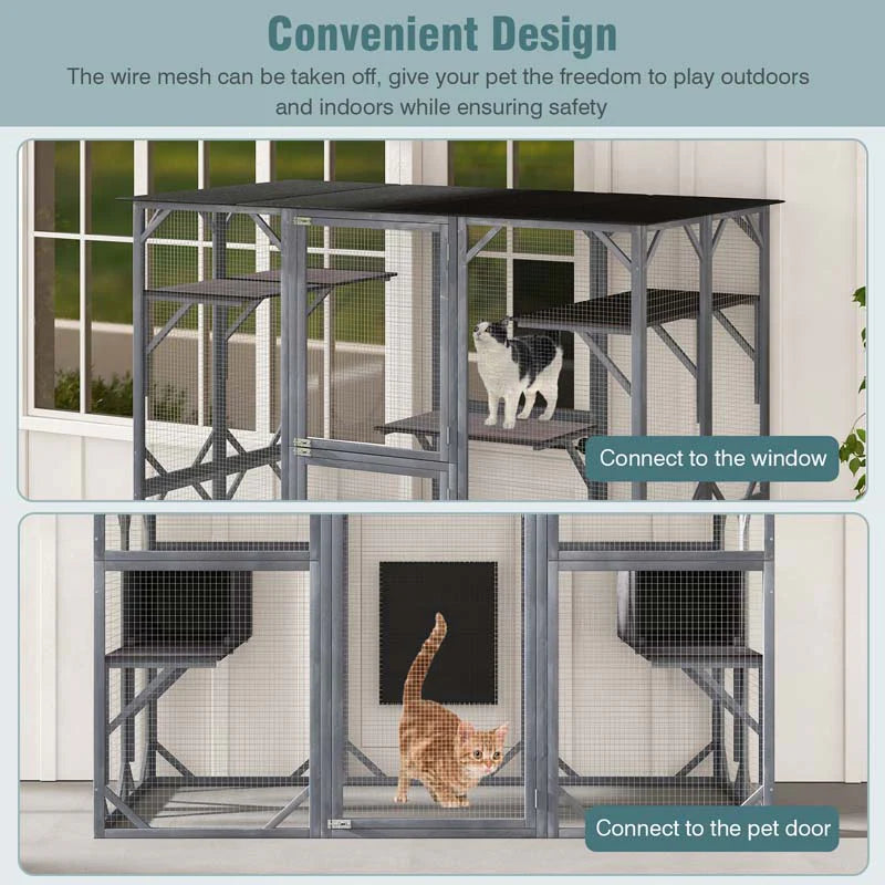 71 Inch Tall Walk-In Wooden Catio - Outdoor Cat Enclosure with 7 Platforms, 2 Condos & Asphalt Roof, Grey