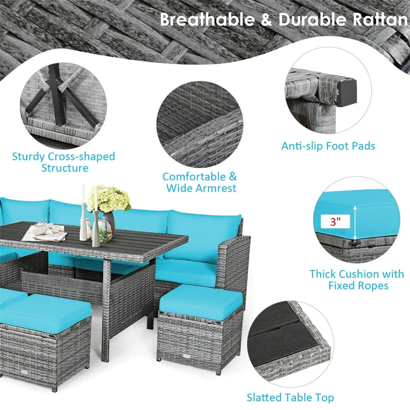 7-Piece PE Rattan Patio Sectional Sofa Set with Dining Table, Ottomans & Cushions, Mix Grey