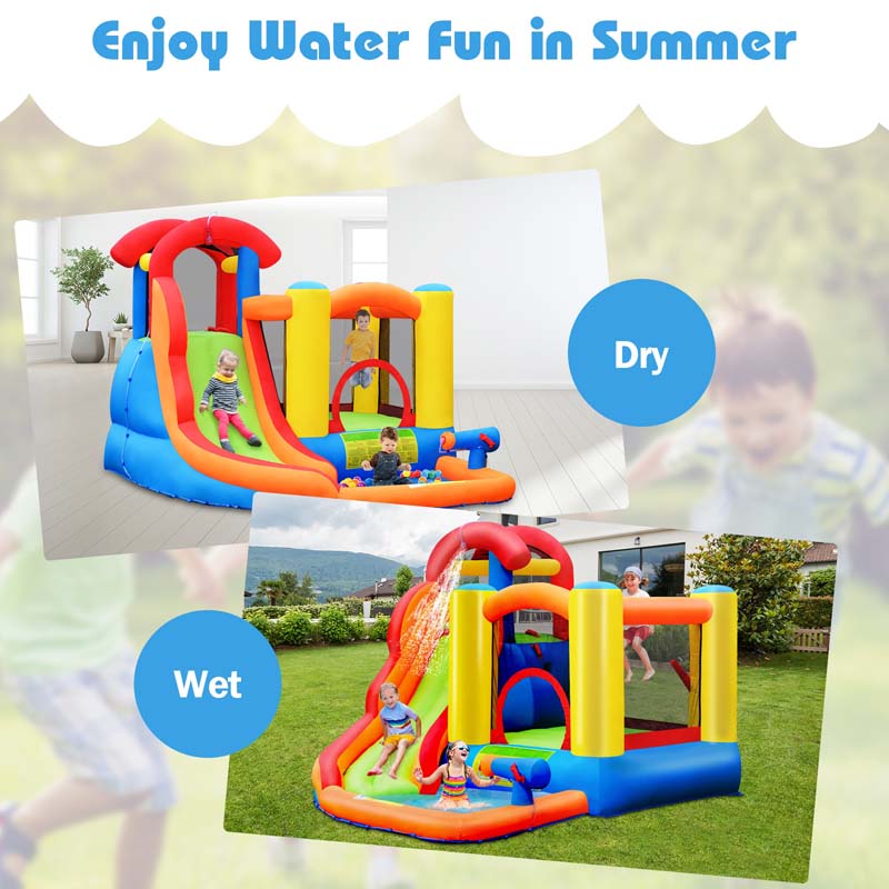 6-in-1 Kids Inflatable Water Slide Bounce House with Climbing Wall, Splash Pool, Basketball Rim & 740W Blower