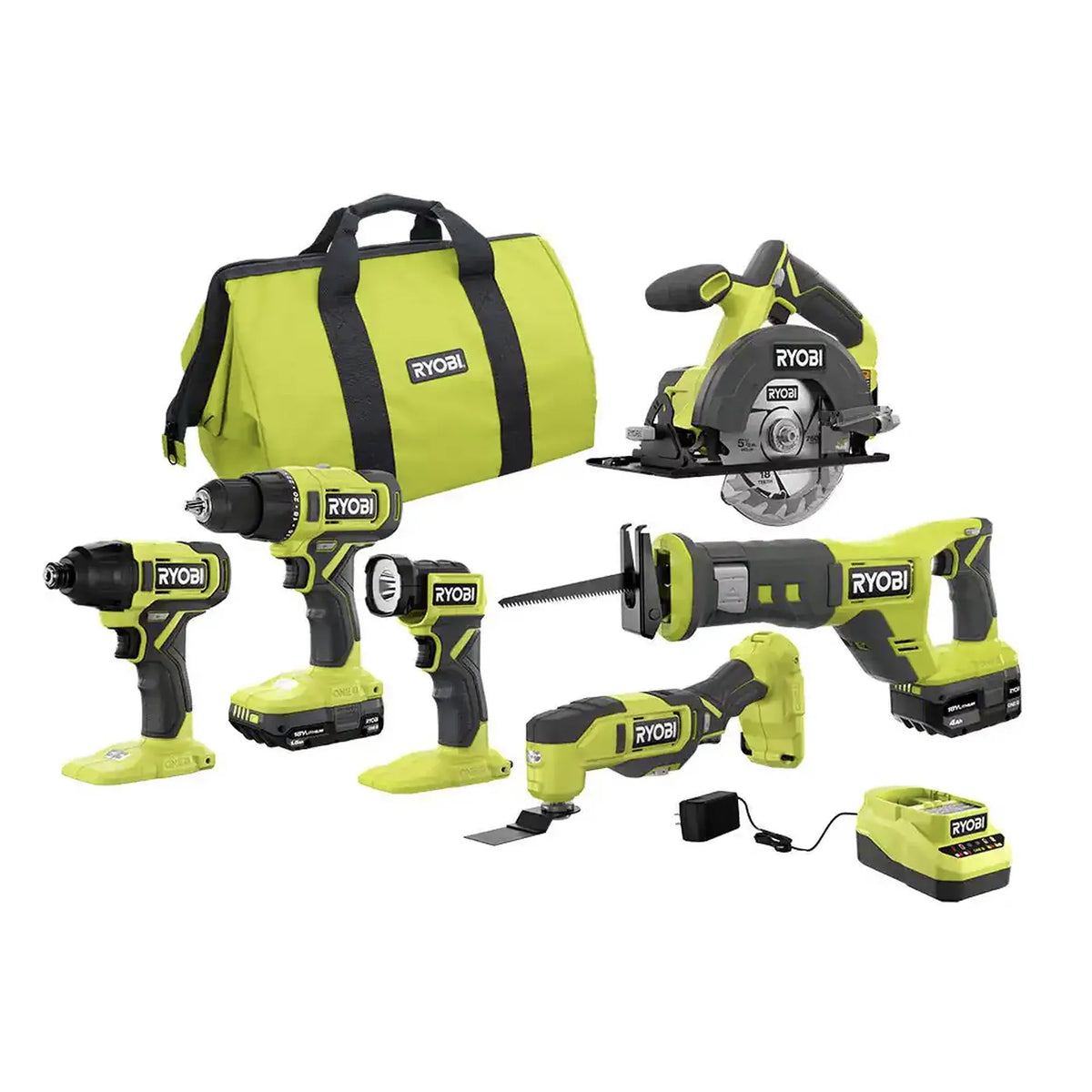 RYOBI ONE+ 18V six-tool cordless combo kit with batteries and tool bag