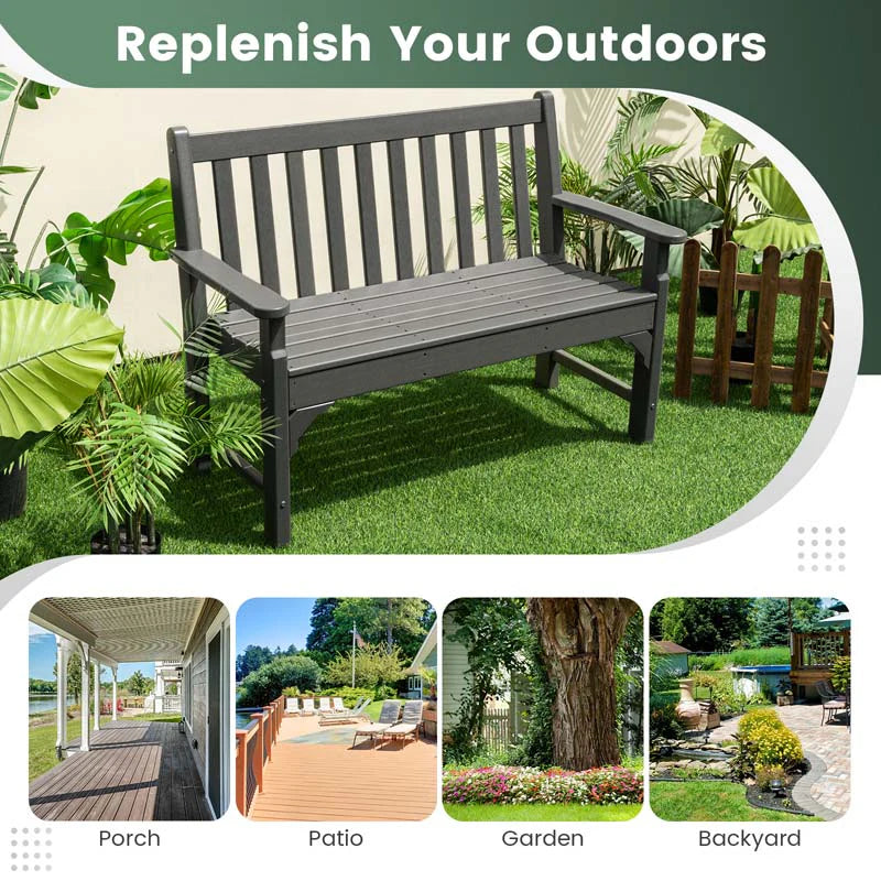 50 in All-Weather HDPE Garden Bench – 2-Person Outdoor Patio Loveseat, 705 lb Capacity (Grey)
