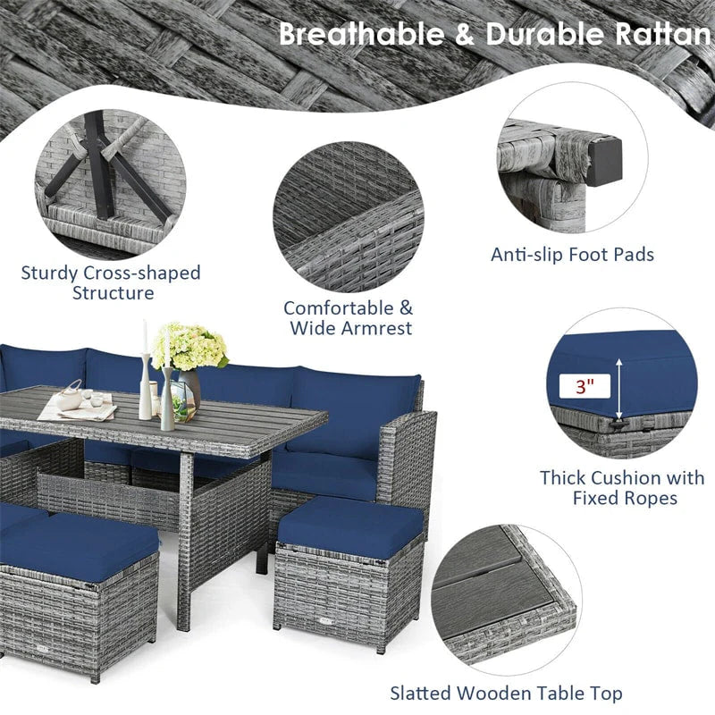7-Piece Rattan Patio Dining Set – Sectional Sofa with Table, Ottomans & Cushions, Mix Grey