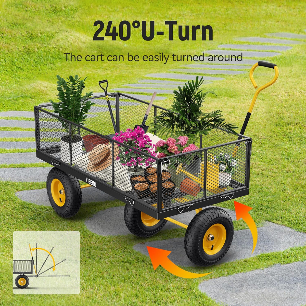 Vibemo 2-in-1 Steel Garden Cart – 1400 lb Heavy-Duty Wagon, Mesh Sides to Flatbed, 13" Pneumatic Tyres