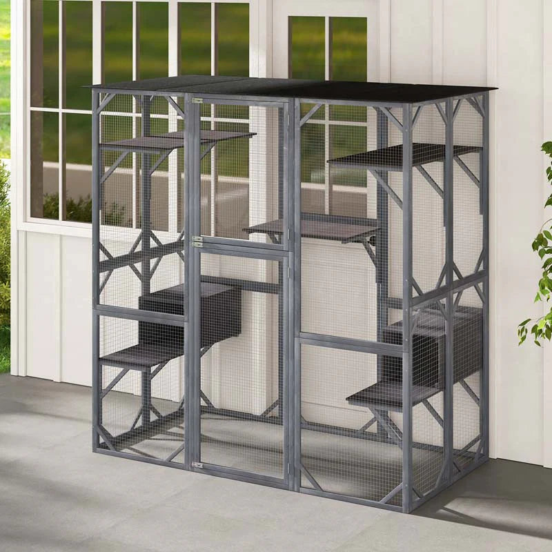 71 Inch Tall Walk-In Wooden Catio - Outdoor Cat Enclosure with 7 Platforms, 2 Condos & Asphalt Roof, Grey