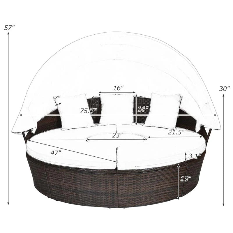 Rattan Wicker Round Patio Daybed with Retractable Canopy & Adjustable Coffee Table – Outdoor Sofa Set