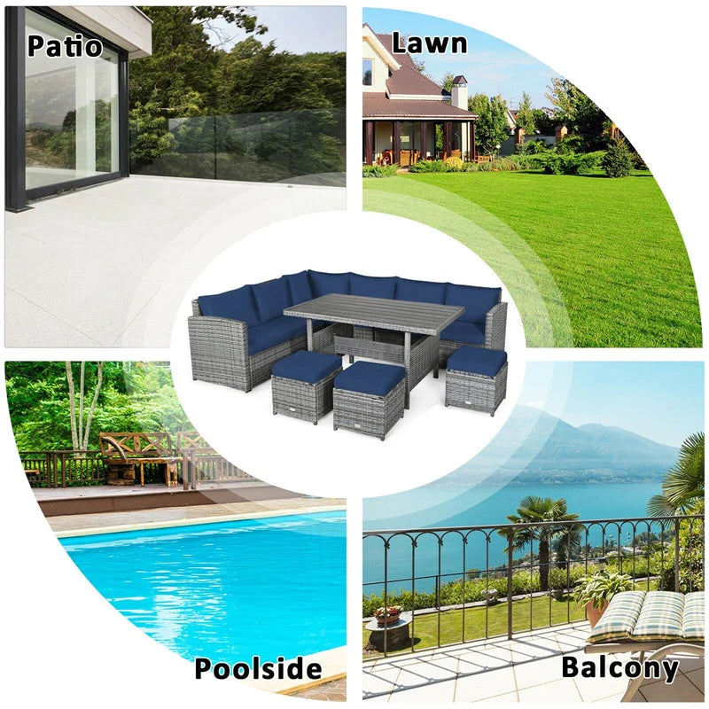 7-Piece Rattan Patio Dining Set – Sectional Sofa with Table, Ottomans & Cushions, Mix Grey