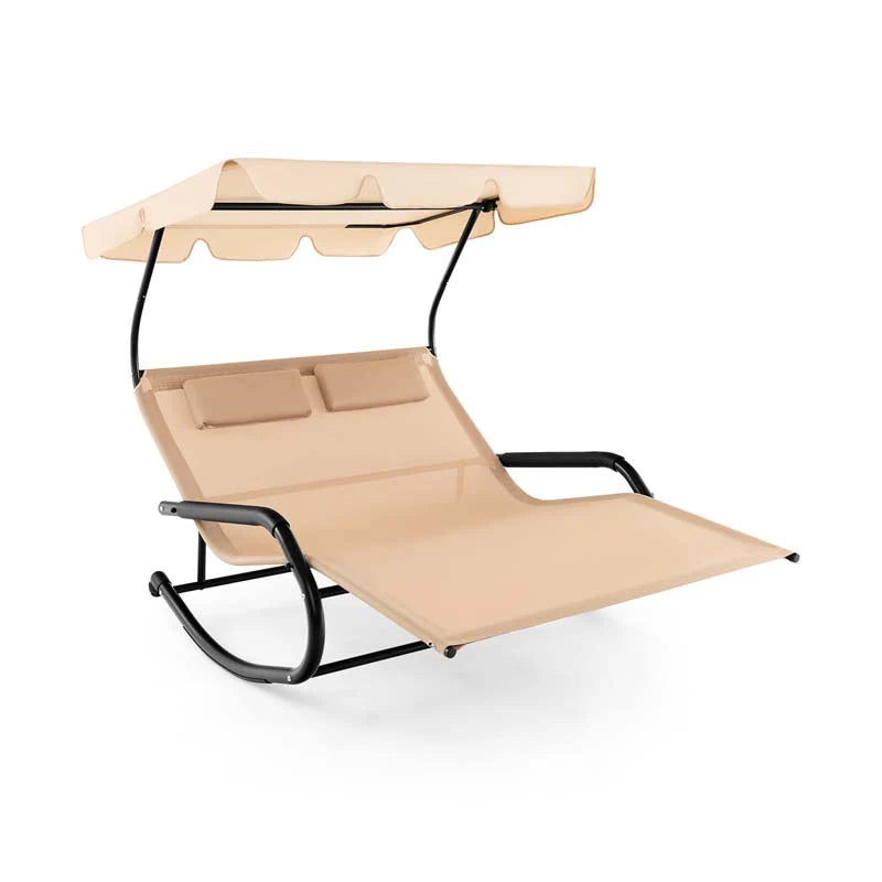 Beige two-person outdoor hammock swing bed with adjustable canopy