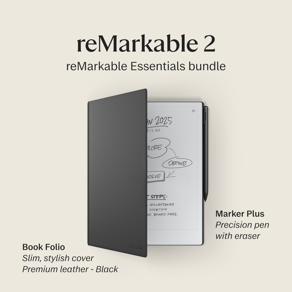 reMarkable 2 – 10.3" Paper Tablet with Marker Plus and Black Leather Book Folio
