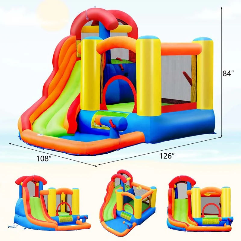 6-in-1 Kids Inflatable Water Slide Bounce House with Climbing Wall, Splash Pool, Basketball Rim & 740W Blower