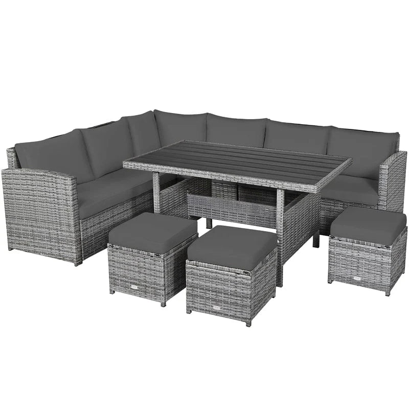 7-Piece Rattan Patio Dining Set – Sectional Sofa with Table, Ottomans & Cushions, Mix Grey