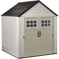Sand-coloured Rubbermaid 7x7 ft resin outdoor garden storage shed