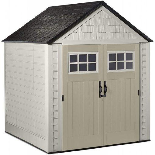 Sand-coloured Rubbermaid 7x7 ft resin outdoor garden storage shed
