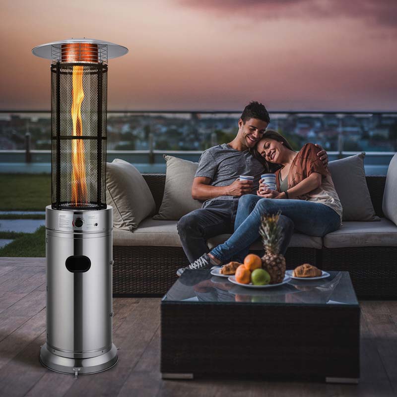 41,000 BTU Stainless Steel Patio Heater – Standing Glass Tube Flame Heater with Wheels, Push-Button Ignition