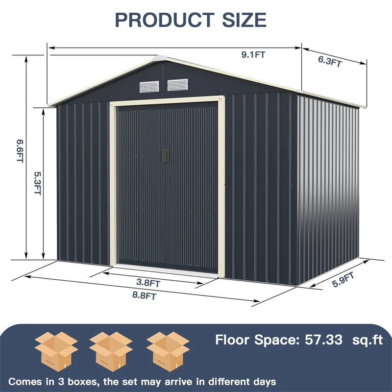 9 x 6 ft Outdoor Metal Storage Shed – Sliding Lockable Double Doors, 4 Vents, Grey Steel