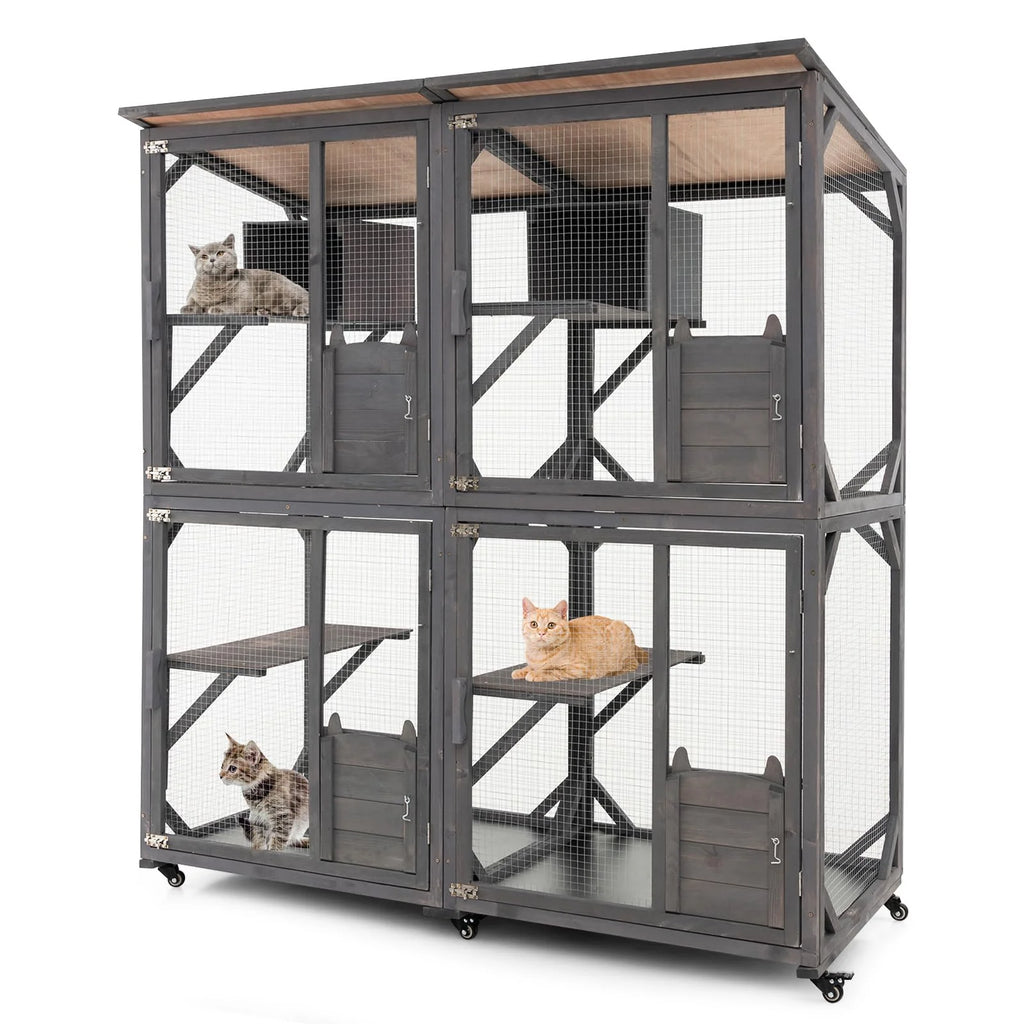 Large Wooden Outdoor Catio Cat Enclosure – 72" Tall Fir Wood Cat House with Asphalt Roof, Wheels & Lockable Doors