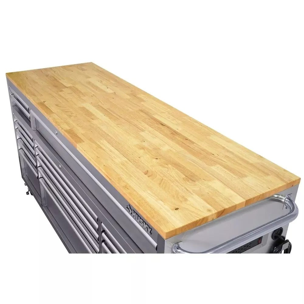 72 in. 18-Drawer Mobile Workbench with Solid Wood Top, 24 in. Deep Rolling Tool Cabinet, Stainless Steel