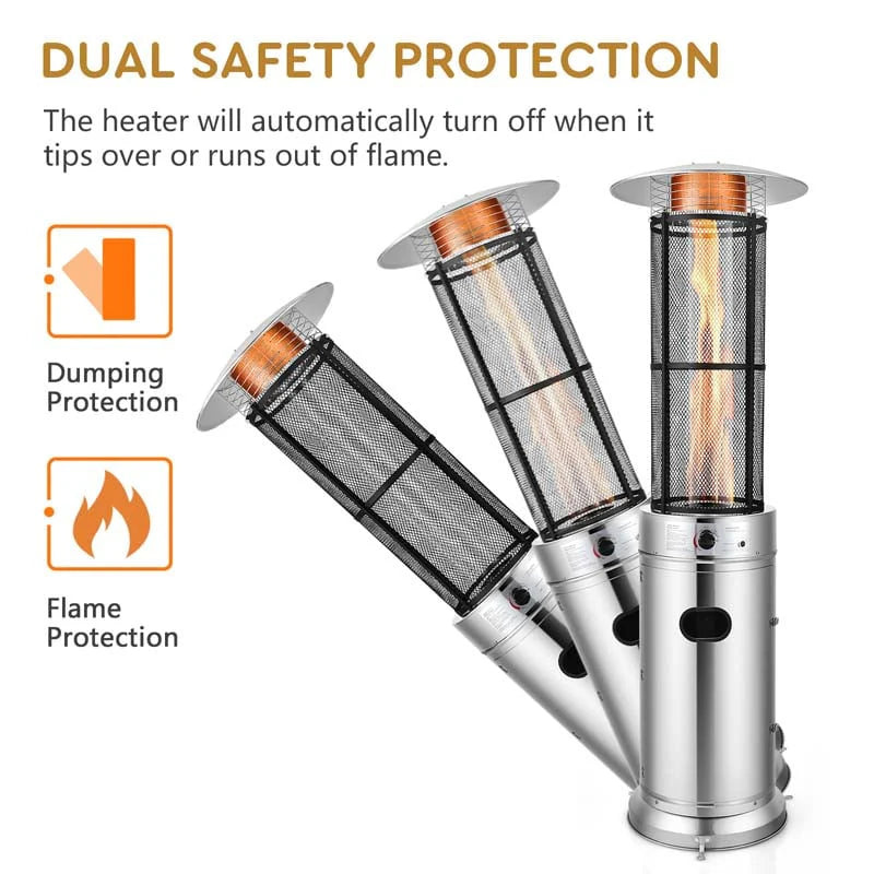 41000 BTU Stainless Steel Patio Heater - Standing Propane Garden Heater with Glass Flame Tube, Wheels & Tilt Shut-Off