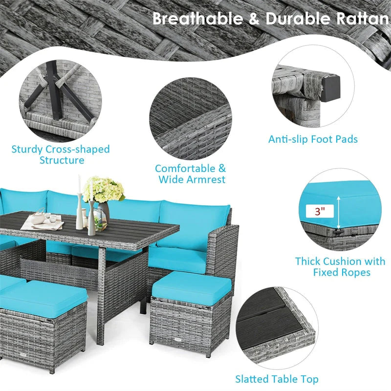 7-Piece Rattan Patio Dining Set – Sectional Sofa with Table, Ottomans & Cushions, Mix Grey