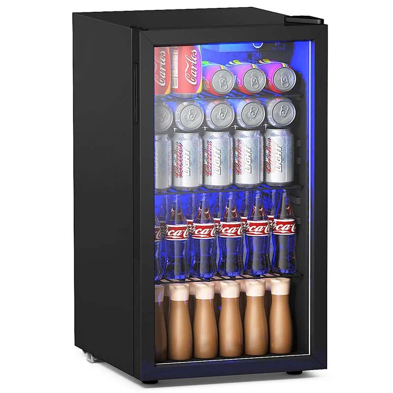 Stainless steel trim 120-can beverage cooler with glass door and blue LED light