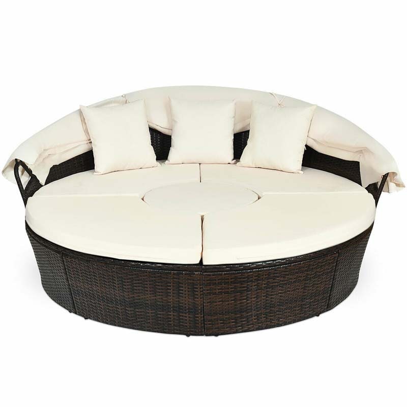 Rattan Wicker Round Patio Daybed with Retractable Canopy & Adjustable Coffee Table – Outdoor Sofa Set