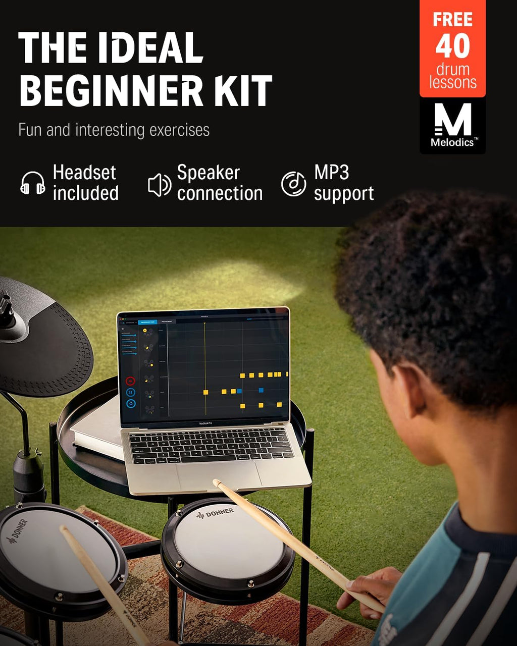 Donner DED-80 Mesh Electronic Drum Kit for Beginners – 4 Quiet Pads, 3 Cymbals, 180+ Sounds, Throne, Headphones & Sticks