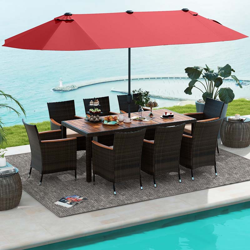 10-Piece Patio Rattan Dining Set with 15 ft Double-Sided Umbrella – Acacia Wood Table & Stackable Cushioned Wicker Chairs