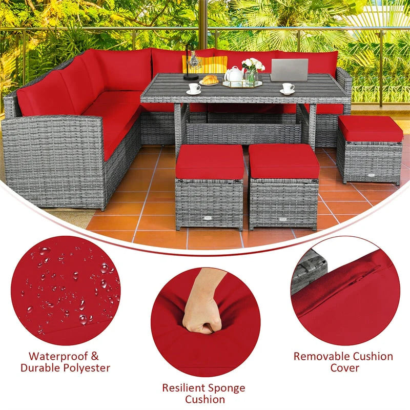 7-Piece Rattan Patio Dining Set – Sectional Sofa with Table, Ottomans & Cushions, Mix Grey