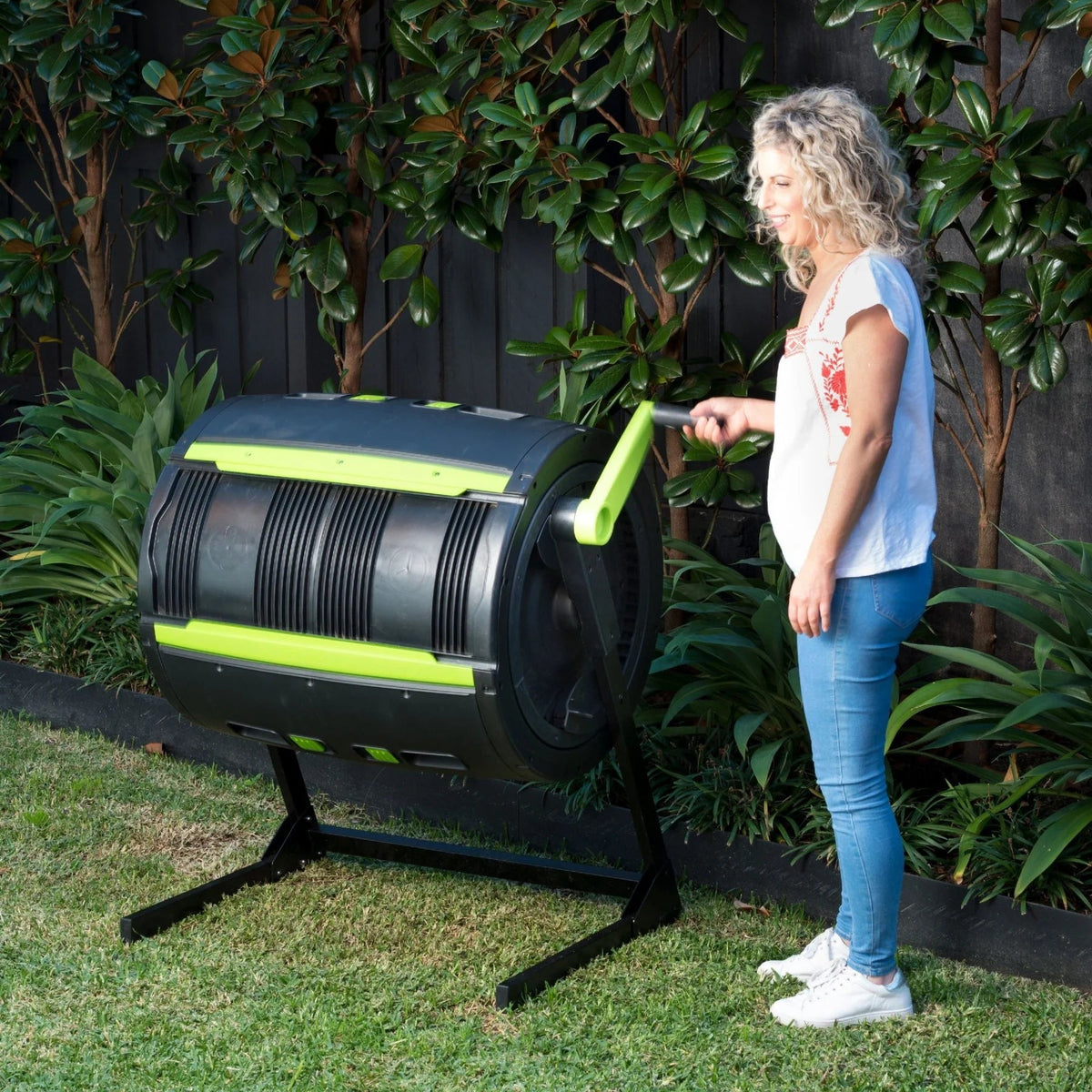 Maze 65-Gallon Compost Tumbler and Cart Combo - Dual Chamber Rotating Composter with 12-Gallon Wheeled Cart