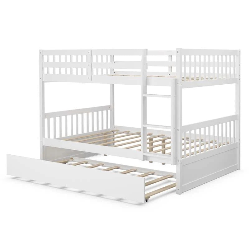 Solid Wood Full-over-Full Bunk Bed Frame with Trundle, Ladder & Guardrails, Convertible for Kids & Teens