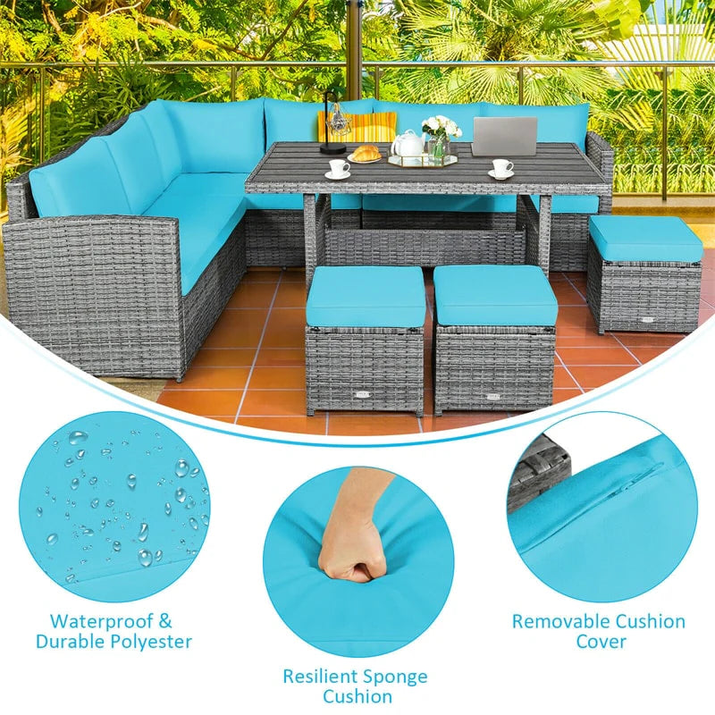 7-Piece PE Rattan Patio Sectional Sofa Set with Dining Table, Ottomans & Cushions, Mix Grey