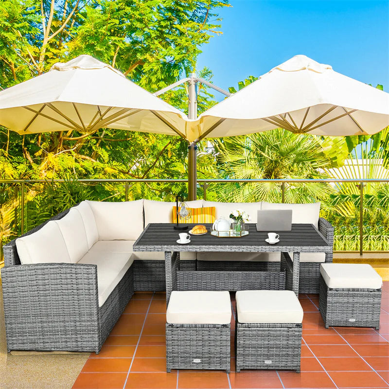 7-Piece PE Rattan Patio Sectional Sofa Set with Dining Table, Ottomans & Cushions, Mix Grey