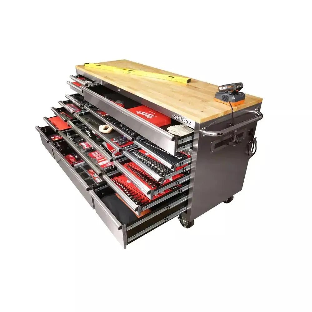 72 in. 18-Drawer Mobile Workbench with Solid Wood Top, 24 in. Deep Rolling Tool Cabinet, Stainless Steel