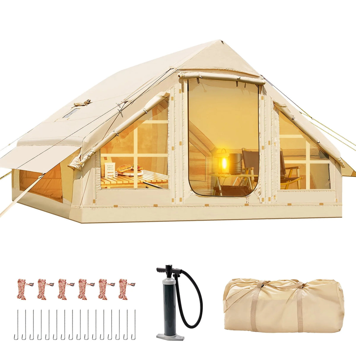 Cream 6-person inflatable Oxford glamping cabin tent with mesh windows