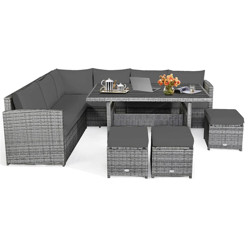 7-Piece Rattan Patio Dining Set – Sectional Sofa with Table, Ottomans & Cushions, Mix Grey