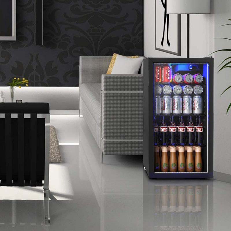 120-Can Beverage Cooler Fridge with Glass Door & Blue LED Light, 3.2 cu ft, Built-in or Freestanding