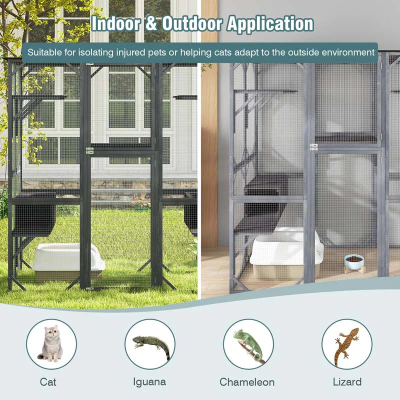 71 Inch Tall Walk-In Wooden Catio - Outdoor Cat Enclosure with 7 Platforms, 2 Condos & Asphalt Roof, Grey
