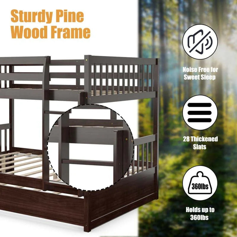 Solid Wood Full-over-Full Bunk Bed Frame with Trundle, Ladder & Guardrails, Convertible for Kids & Teens