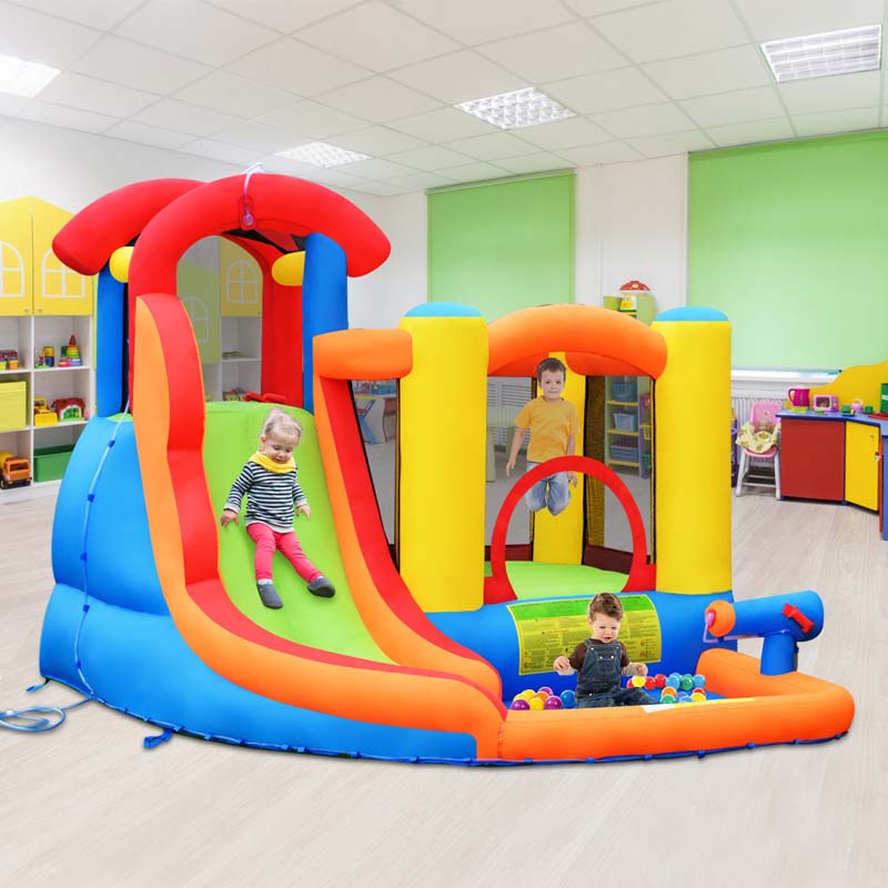 6-in-1 Kids Inflatable Water Slide Bounce House with Climbing Wall, Splash Pool, Basketball Rim & 740W Blower