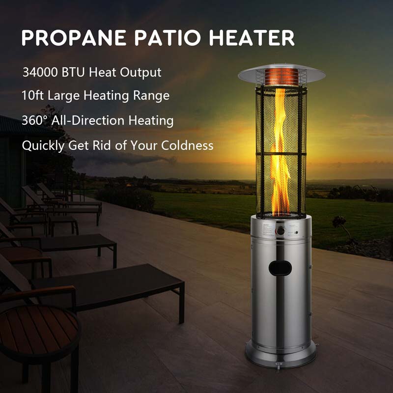 41,000 BTU Stainless Steel Patio Heater – Standing Glass Tube Flame Heater with Wheels, Push-Button Ignition