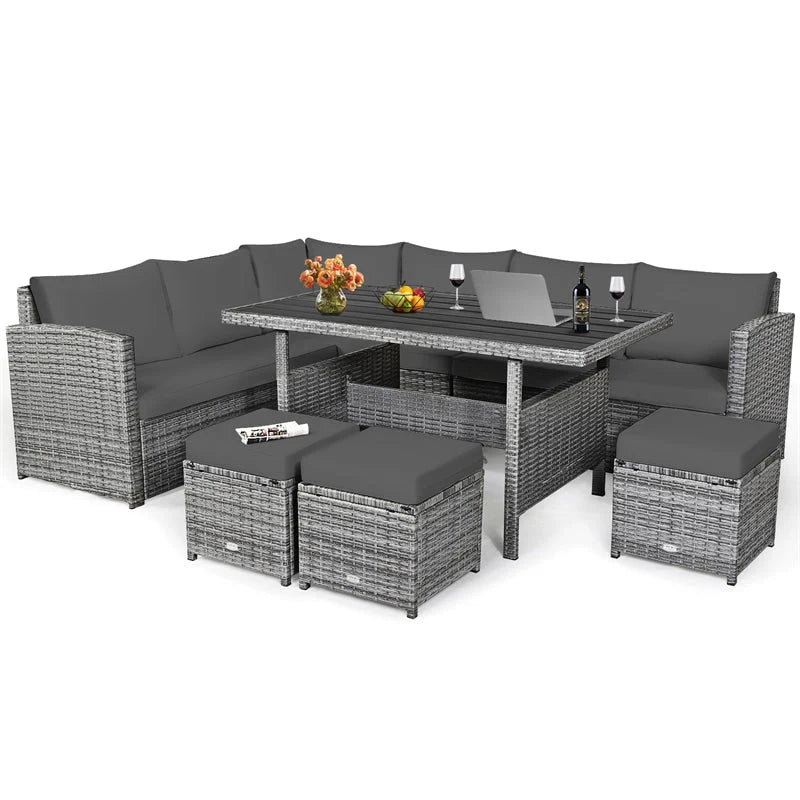 7-Piece Rattan Patio Dining Set – Sectional Sofa with Table, Ottomans & Cushions, Mix Grey