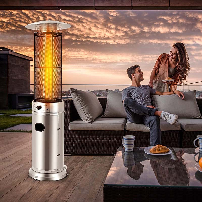 41,000 BTU Stainless Steel Patio Heater – Standing Glass Tube Flame Heater with Wheels, Push-Button Ignition