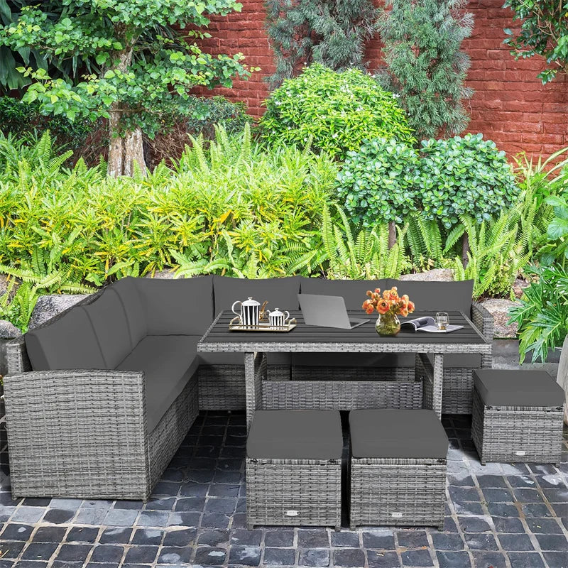 7-Piece PE Rattan Patio Sectional Sofa Set with Dining Table, Ottomans & Cushions, Mix Grey