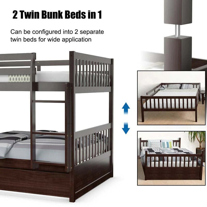 Solid Wood Full-over-Full Bunk Bed Frame with Trundle, Ladder & Guardrails, Convertible for Kids & Teens