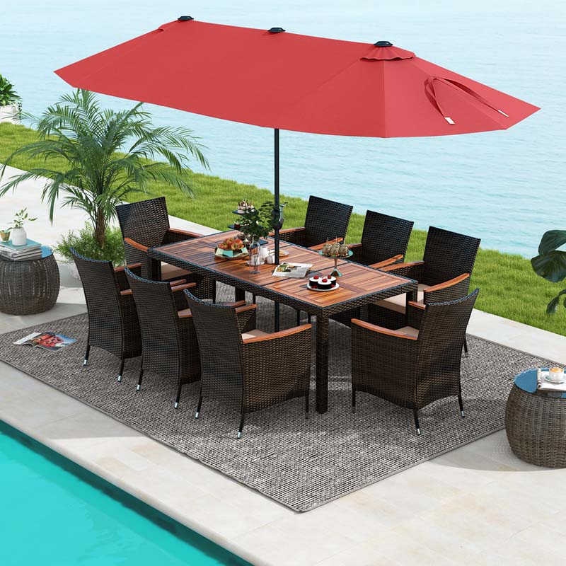 10-Piece Patio Rattan Dining Set with 15 ft Double-Sided Umbrella – Acacia Wood Table & Stackable Cushioned Wicker Chairs