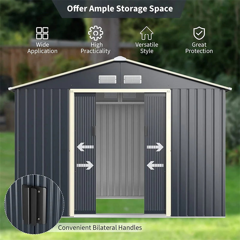 9 x 6 ft Outdoor Metal Storage Shed – Sliding Lockable Double Doors, 4 Vents, Grey Steel