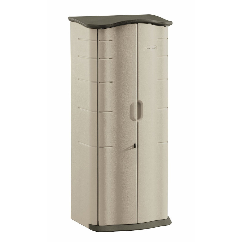 Rubbermaid vertical grey resin outdoor storage shed against a garden wall