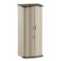 Rubbermaid vertical grey resin outdoor storage shed against a garden wall