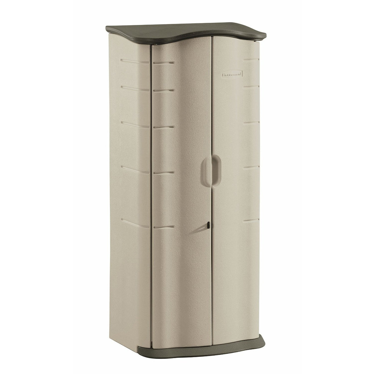 Rubbermaid vertical grey resin outdoor storage shed against a garden wall